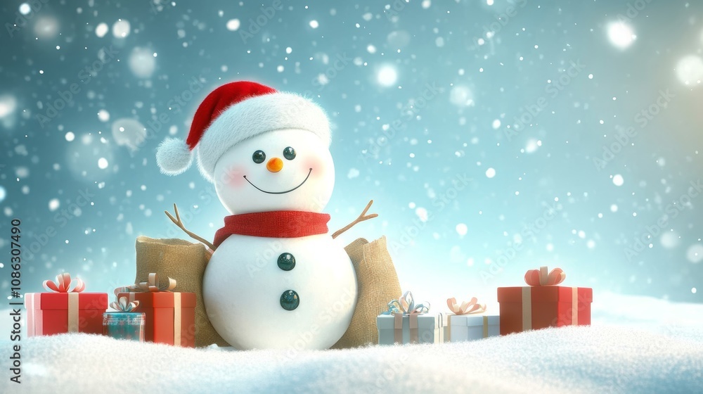 A cheerful snowman stands amidst a blanket of snow, adorned with colorful presents, radiating holiday joy and winter wonder. A cheerful snowman stands amidst a blanket of snow, adorned with colorful presents, radiating holiday joy and winter wonder.