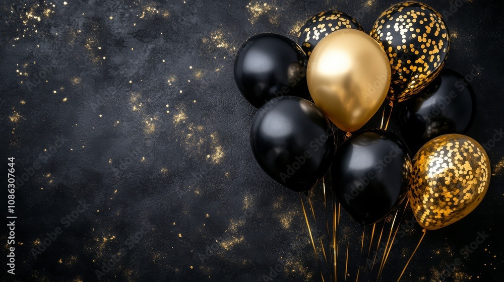 A vibrant display of balloons in various colors, set against a luxurious black and gold backdrop, creating a festive and celebratory atmosphere. A vibrant display of balloons in various colors, set against a luxurious black and gold backdrop, creating a festive and celebratory atmosphere.