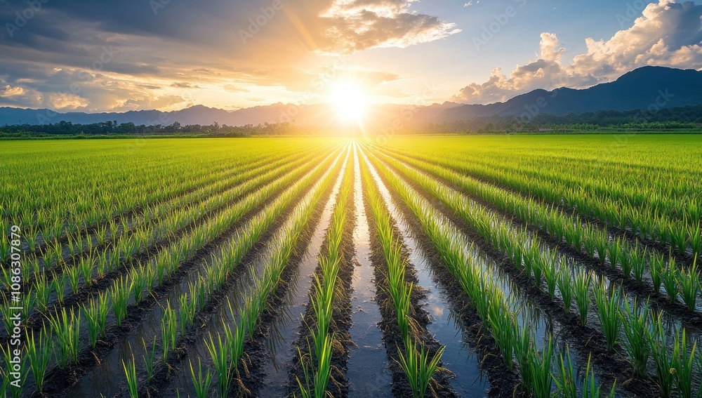 Golden Hour Rice Paddies: A Serene Sunset Landscape Golden Hour Rice Paddies: A Serene Sunset Landscape