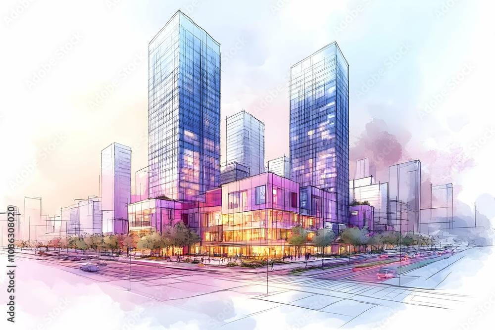 Obraz premium Illustration Modern Cityscape Architecture Skyscrapers Urban Design