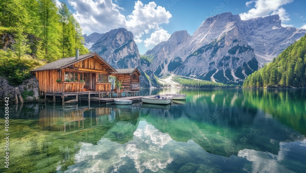 Serene Mountain Lake House Reflection Serene Mountain Lake House Reflection
