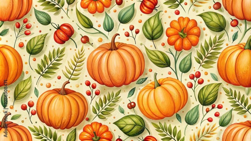Seamless pattern with orange pumpkins, berries, and green foliage with fall leaves, thanksgiving, decoration, autumn Seamless pattern with orange pumpkins, berries, and green foliage with fall leaves, thanksgiving, decoration, autumn