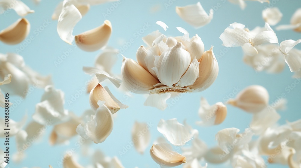 Garlic cloves and peels levitate against a light blue background. Garlic cloves and peels levitate against a light blue background.