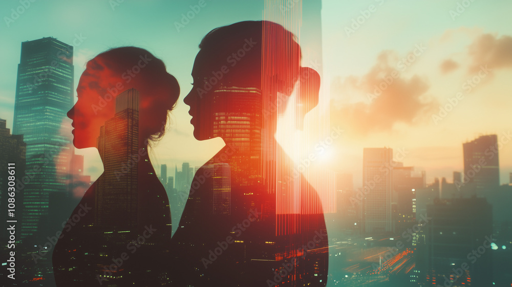 A double-exposure photograph of a diverse business team in silhouette, overlayed with a glowing futuristic cityscape filled with skyscrapers and holographic technology. A double-exposure photograph of a diverse business team in silhouette, overlayed with a glowing futuristic cityscape filled with skyscrapers and holographic technology.