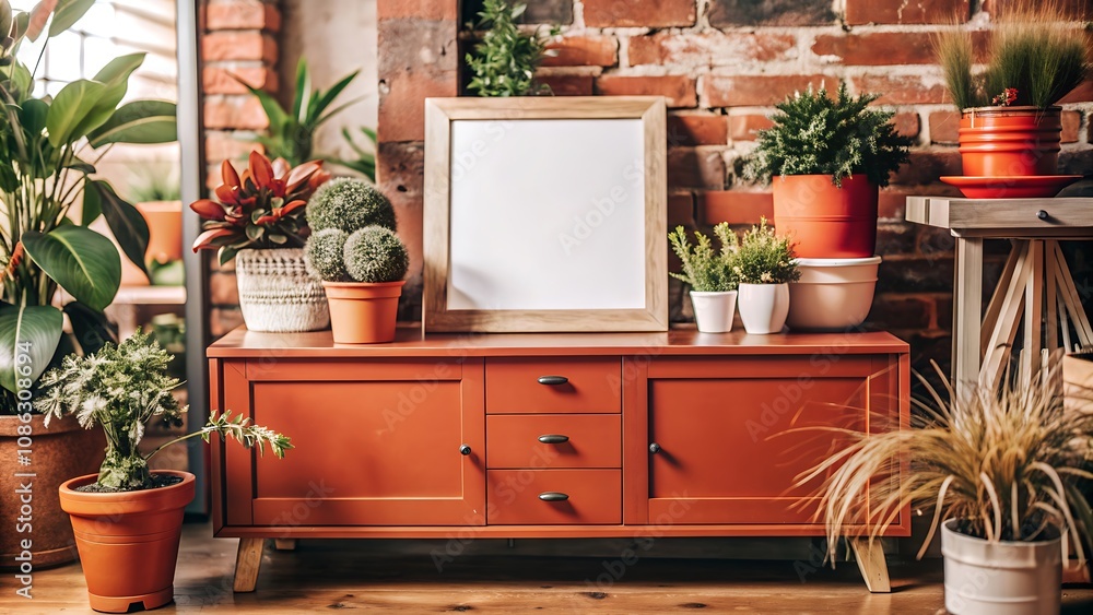Stylish Living Room with Plants and Wooden Cabinet.