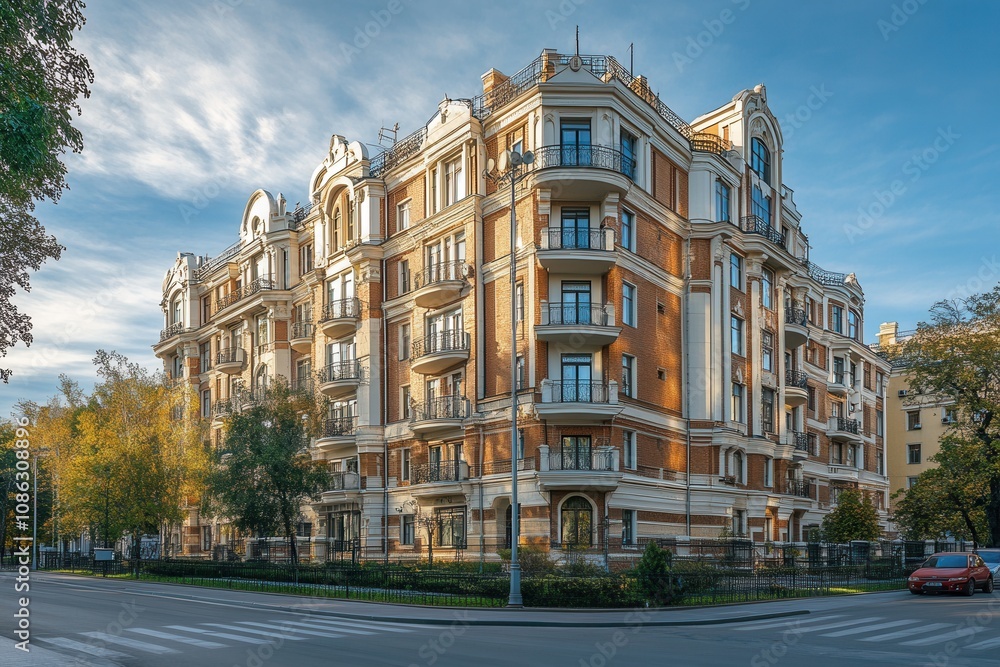 Naklejka premium Classic brick building with ornate details on a corner lot.