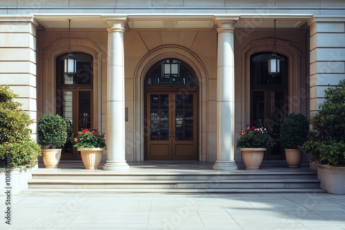 Wallpaper Mural Classic building entrance with columns, potted plants, and double doors. Torontodigital.ca