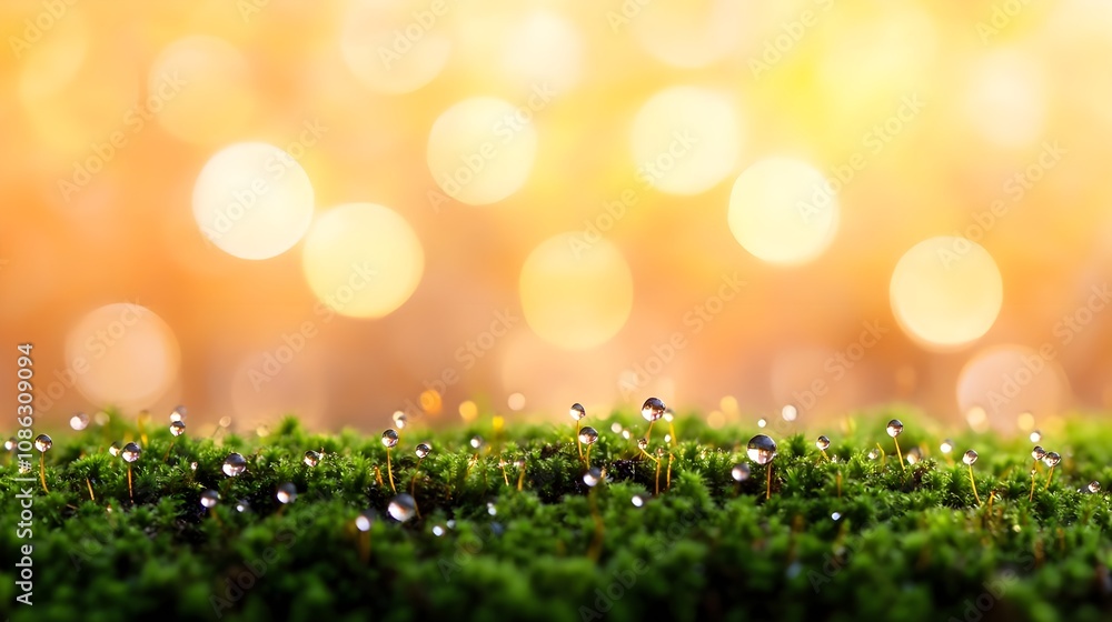 Obraz premium Dewdrops on Moss with Bokeh Background
