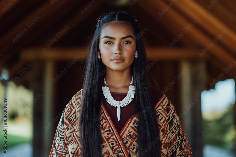 A young Māori woman wearing a traditional kākahu (cloak) and a hei tiki pendant, standing proudly in front of a wharenui (meeting house) A young Māori woman wearing a traditional kākahu (cloak) and a hei tiki pendant, standing proudly in front of a wharenui (meeting house)