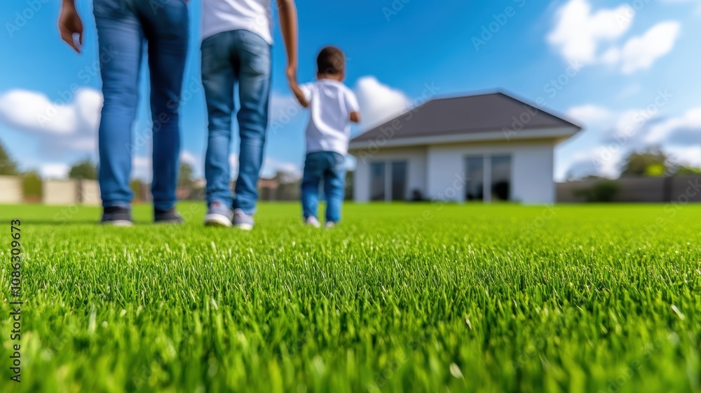 A family walks hand-in-hand on lush green grass, heading towards their home under a bright blue sky with fluffy clouds. A family walks hand-in-hand on lush green grass, heading towards their home under a bright blue sky with fluffy clouds.