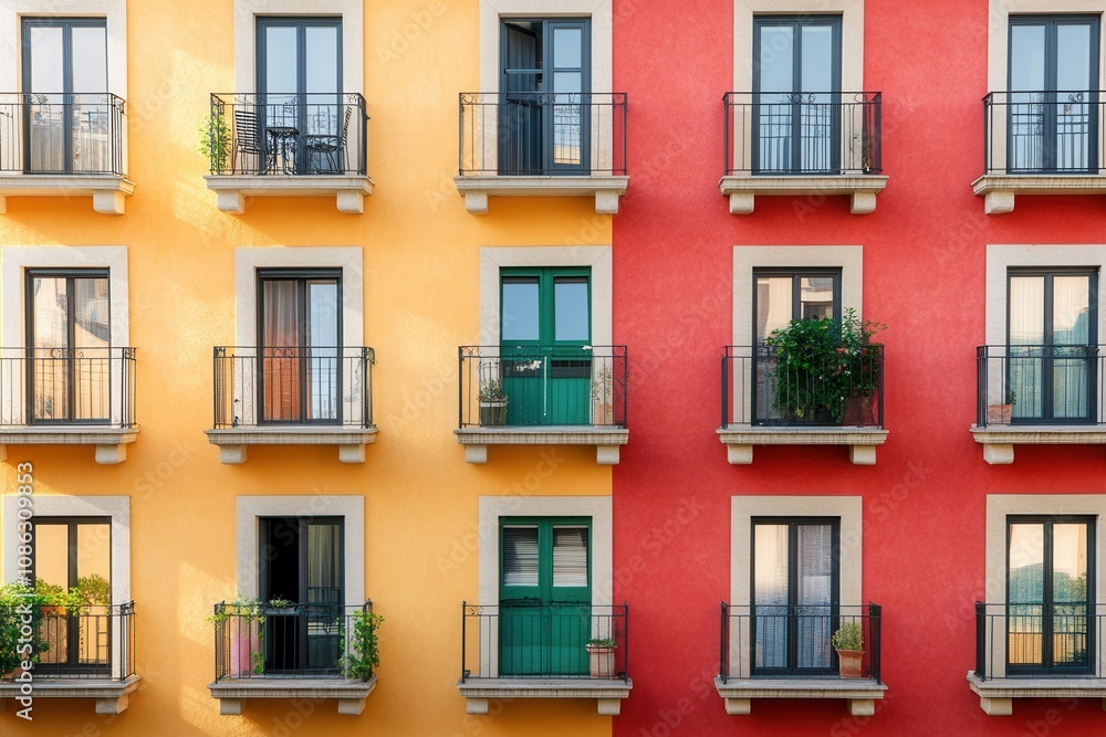 Colorful apartment building with balconies and windows. Colorful apartment building with balconies and windows.