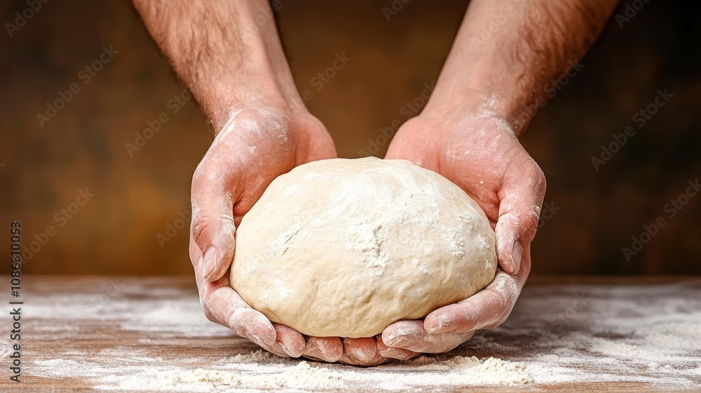 A pair of hands holding a ball of dough, covered in flour, set on a wooden surface, emphasizing the art of baking and preparation. A pair of hands holding a ball of dough, covered in flour, set on a wooden surface, emphasizing the art of baking and preparation.