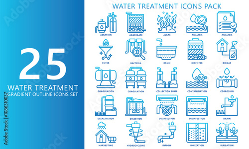 Water treatment gradient outline icons set. contain analysis, aquifer, corrosion, filter, drain and more. Vector EPS 10 for print, digital UI, UX kit, web and app for industry, ecology and environment