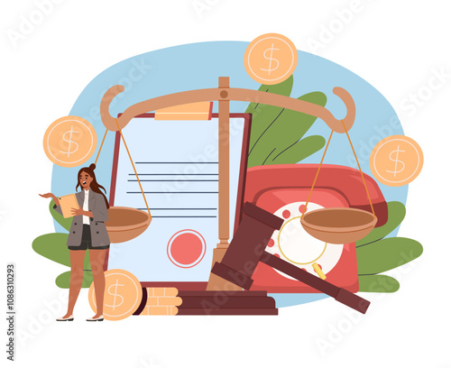 Creditors with documents. Woman with judges scales, phone and document. Legal support of business deals. Bankruptcy of company. Flat vector illustration isolated on white background