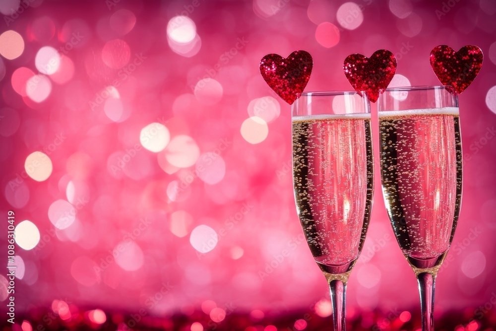 Two elegant champagne glasses adorned with heart-shaped decorations, capturing a romantic atmosphere perfect for celebrations and special moments. Two elegant champagne glasses adorned with heart-shaped decorations, capturing a romantic atmosphere perfect for celebrations and special moments.