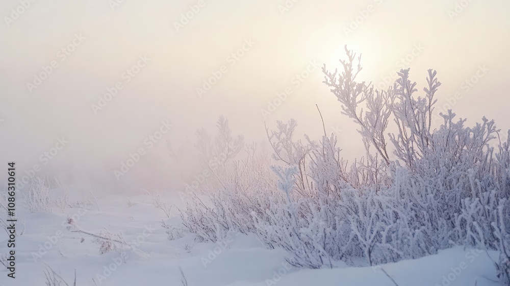 Frosty field in a heavy fog, with snowy shrubs and delicate morning light breaking through Frosty field in a heavy fog, with snowy shrubs and delicate morning light breaking through