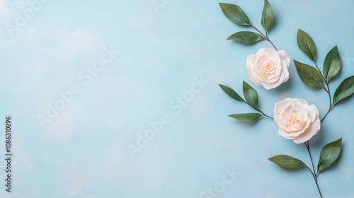 Wedding Forever Yours Delicate white roses on a soft blue background.