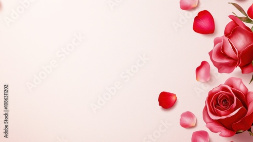 A soft, romantic background featuring red roses and petals, perfect for love-themed designs and celebrations.