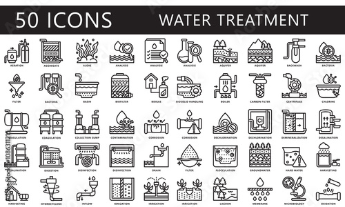 Water treatment black outline icons set. contain analysis, aquifer, corrosion, filter, drain and more. Vector EPS 10 for print, digital UI, UX kit, web and app, for industry, ecology and environment.