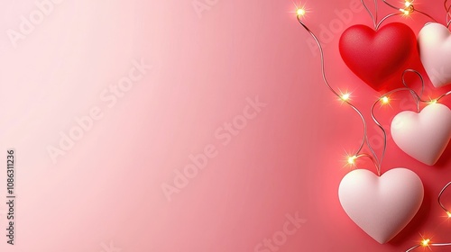 A romantic scene featuring red and white decorative hearts intertwined with fairy lights against a soft pink background.