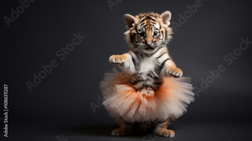 Playful Amur Tiger Cub in Fluffy Pink Tutu Captivating Hearts with Its Adorable Charm photo