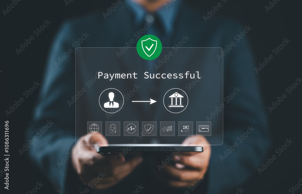 © Nirusmee - Businessman holding tablet displaying 'Payment Successful' message, Successful Payment Confirmation in Online Digital Banking, with icons represent online transactions, financial technology, fintech