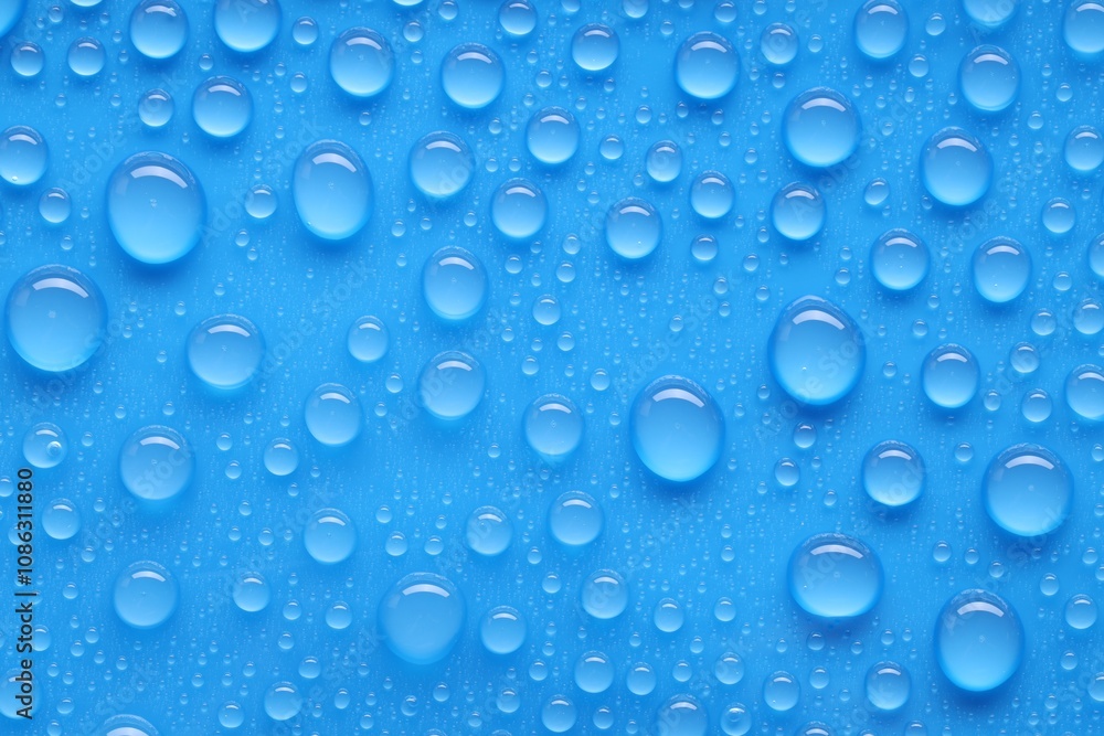 Water drops on blue background, top view Water drops on blue background, top view
