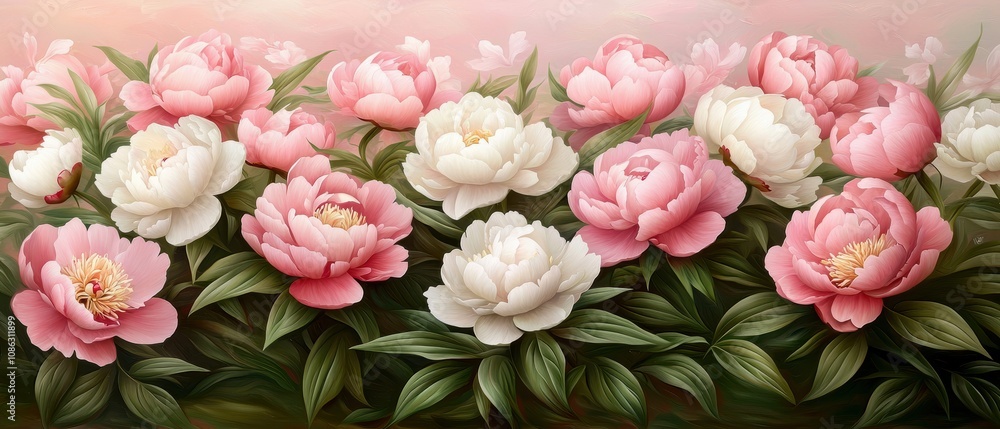 A vibrant arrangement of pink and white peonies set against a soft pastel background, showcasing their delicate petals and lush green foliage. A vibrant arrangement of pink and white peonies set against a soft pastel background, showcasing their delicate petals and lush green foliage.