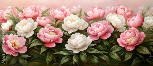 Fototapeta Naklejka Na Ścianę i Meble -  A vibrant arrangement of pink and white peonies set against a soft pastel background, showcasing their delicate petals and lush green foliage.