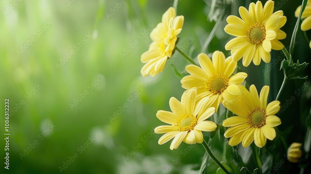 Obraz premium A vibrant cluster of yellow flowers set against a soft, green background, conveying a sense of tranquility and natural beauty.