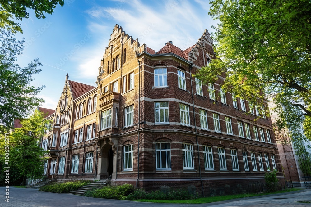 Historic brick building with arched windows and a gabled roof. Historic brick building with arched windows and a gabled roof.