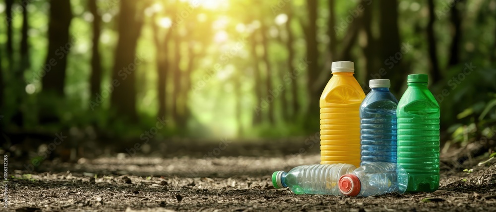 Fototapeta premium A collection of colorful plastic bottles discarded on a forest path, highlighting the issue of pollution in natural environments.
