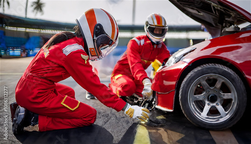 Photograph of an engineer fixing a race car photo