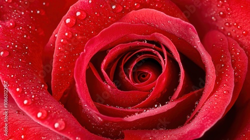 A close-up of a vibrant red rose, adorned with droplets of water, showcasing its intricate petals and rich colors.