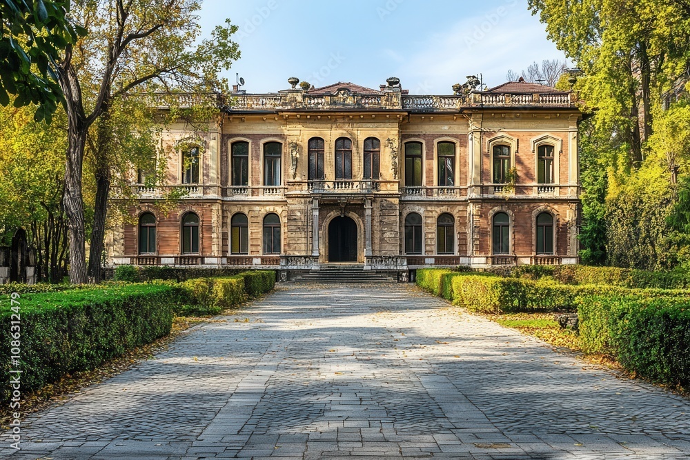 Historic mansion with a symmetrical facade and a paved pathway leading to the entrance. Historic mansion with a symmetrical facade and a paved pathway leading to the entrance.
