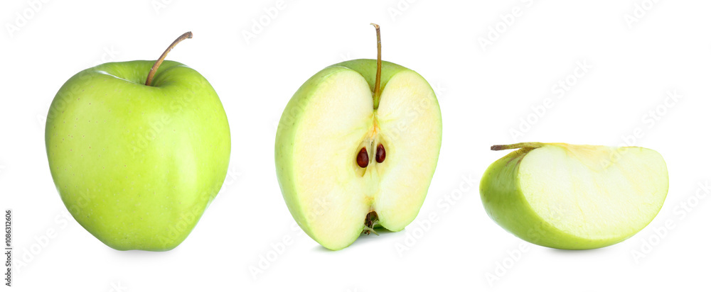 Whole and sliced green apple isolated on white Whole and sliced green apple isolated on white
