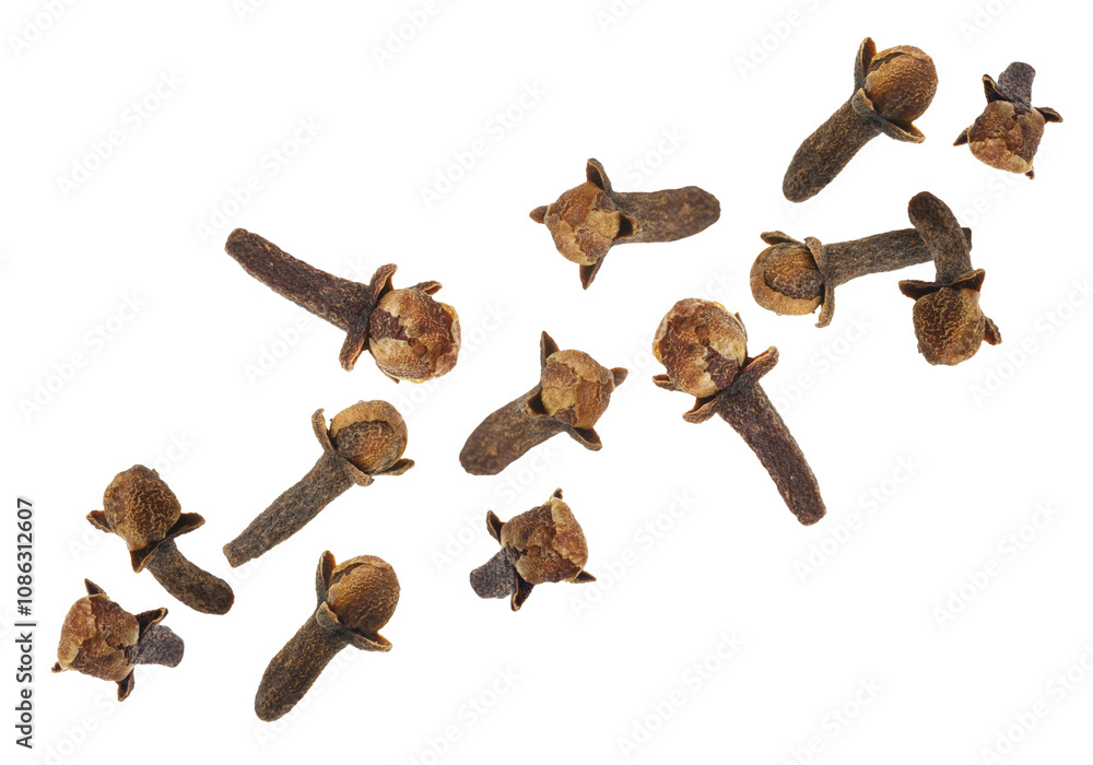 Clove buds in air on white background. Aromatic spice Clove buds in air on white background. Aromatic spice