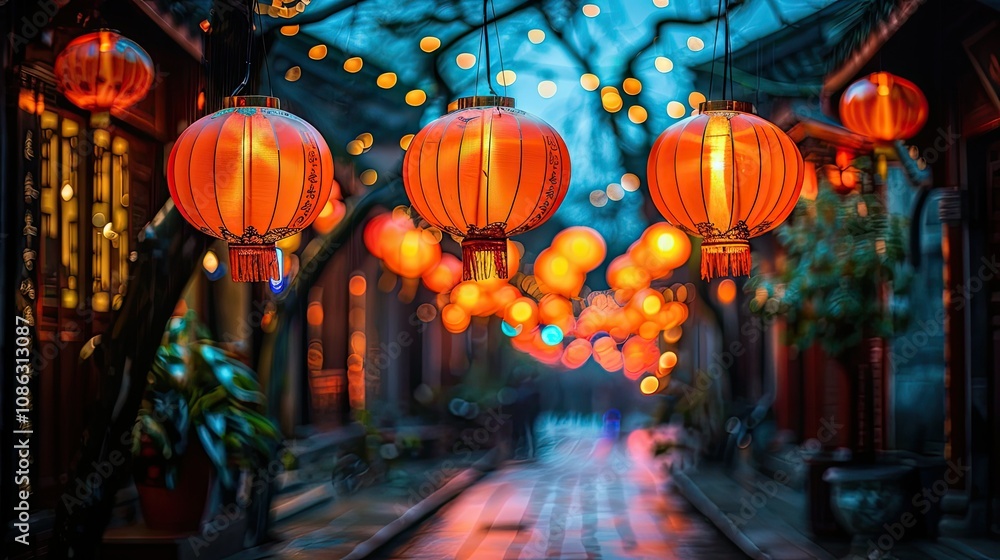 Chinese New Year lanterns illuminating a traditional street Chinese New Year lanterns illuminating a traditional street