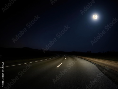 Nighttime image of a smooth black asphalt road under moonlight, dark road, illuminated road