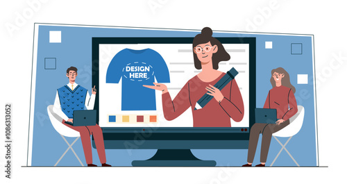 Woman creates design for tshirts. Young girl and man developing design for clothes. Fashion, trend and style. Artists in workshop. Flat vector illustration isolated on white background