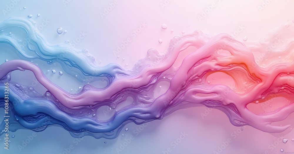 An abstract artwork featuring intertwining blue and pink organic forms with smooth, liquid textures and subtle droplets, evoking a sense of fluidity and motion.