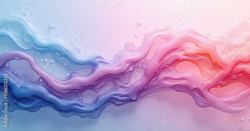 An abstract artwork featuring intertwining blue and pink organic forms with smooth, liquid textures and subtle droplets, evoking a sense of fluidity and motion.