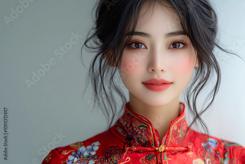 A young woman in a striking red cheongsam radiates happiness, perfect for promoting Chinese New Year events, fashion, or cultural celebrations.