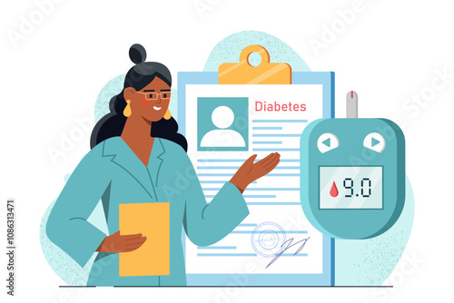 Doctor with diabetes control. Woman in medical uniform with glucometer for measuring blood sugar levels. Diagnosis and treatment. Healthcare and medicine. Flat vector illustration