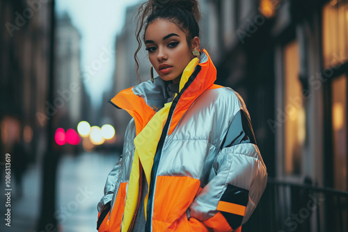 A stylish young woman wearing a reflective oversized jacket with neon accents, embodying the futuristic gen z fashion in an urban street setting. photo