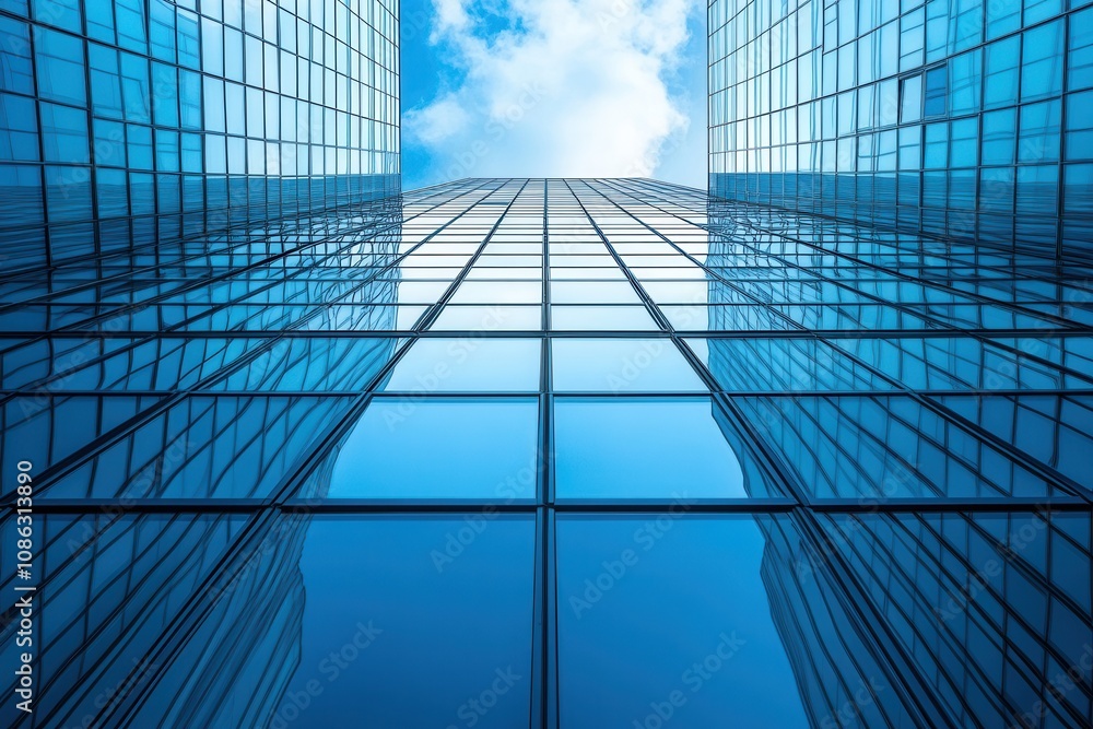 Low angle view of modern glass skyscrapers with blue sky and clouds. Low angle view of modern glass skyscrapers with blue sky and clouds.