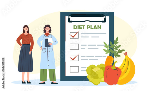Woman with diet plan. Young girl with doctor near clipboard with food. Healthy lifestyle and proper diet and nutrition. Flat vector illustration isolated on white background