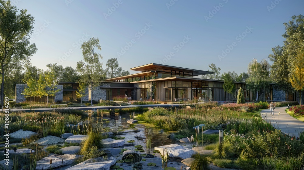 Community center with sustainable architecture and open green spaces Community center with sustainable architecture and open green spaces