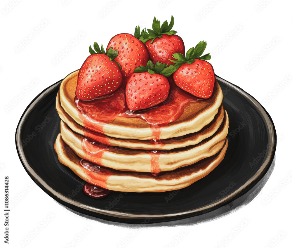 PNG Pancakes with strawberries on a plate PNG Pancakes with strawberries on a plate