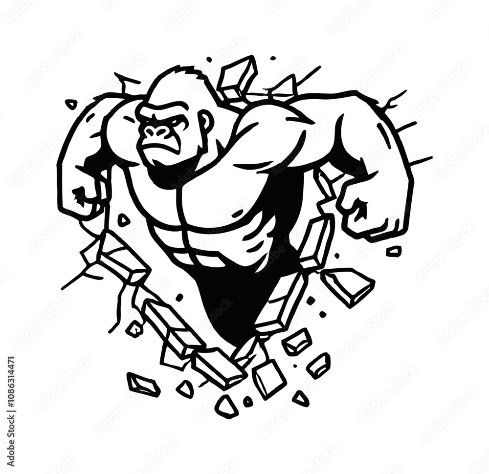 Fototapeta premium gorilla break wall engraving black and white outline